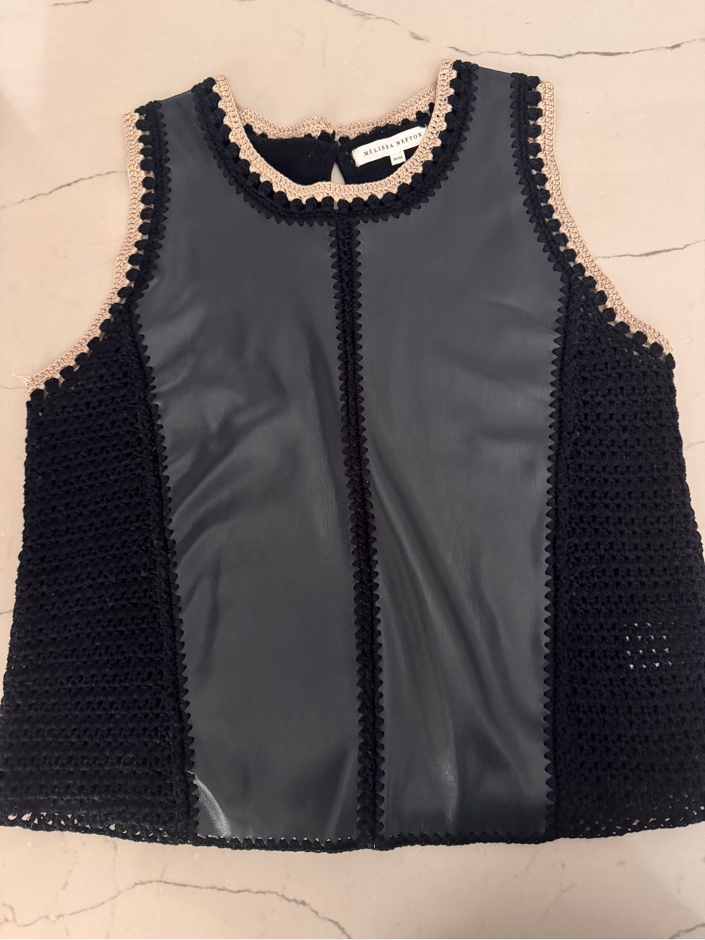 MELISSA NEPTON Black Leather-Panel Crochet Trim Sleeveless Top